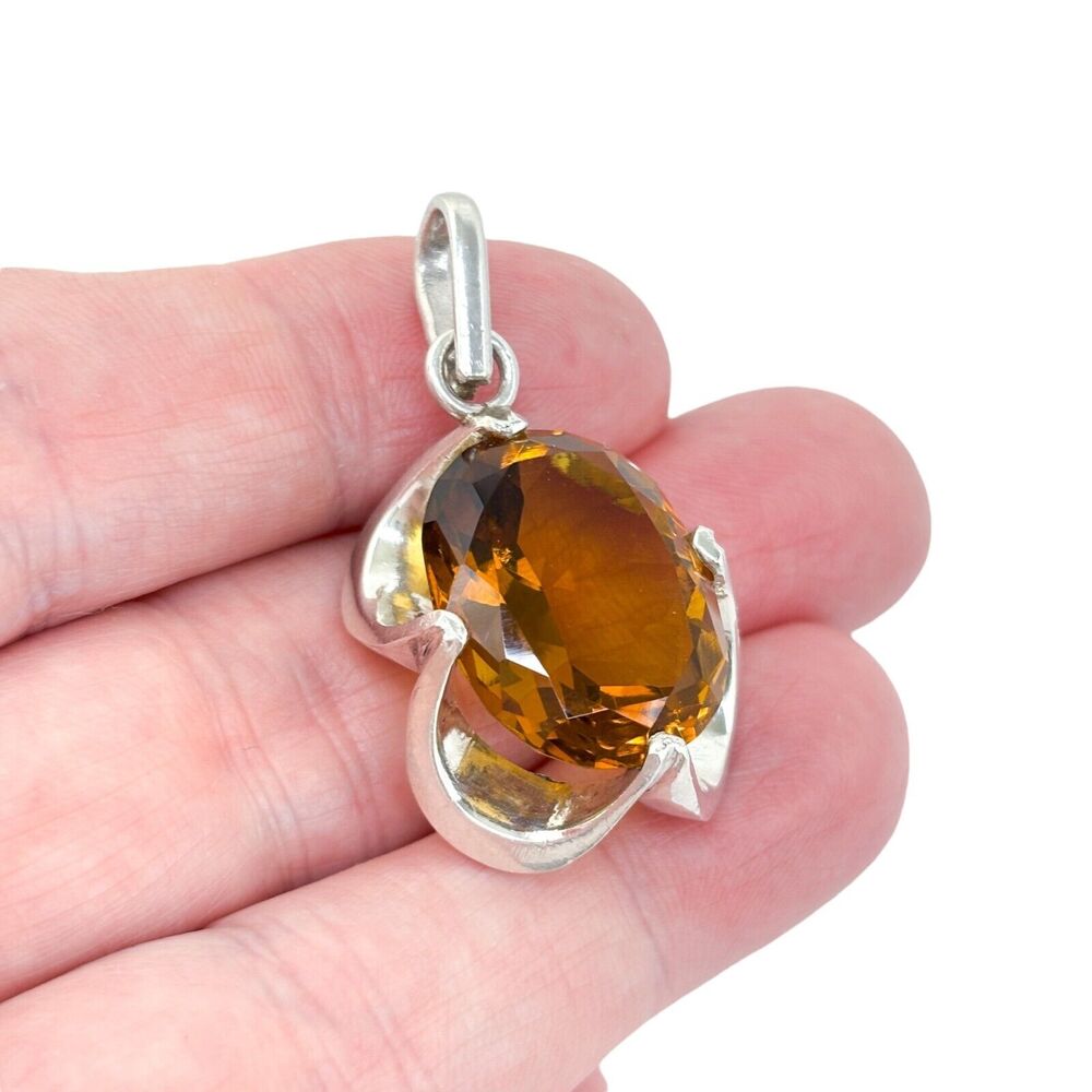 Vintage Sterling Silver 925 Yellow Glass Statement Pendant